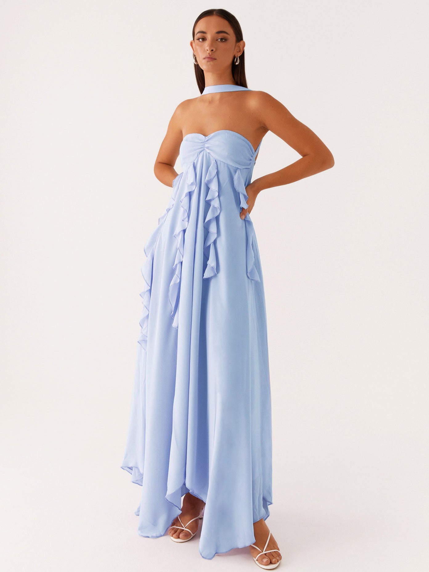 Ruffled Chiffon Maxi Dress with Halterneck and Open Back