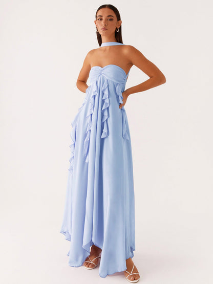 Ruffled Chiffon Maxi Dress with Halterneck and Open Back