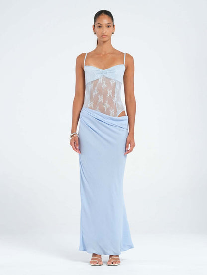 Mermaid Maxi Dress with Lace Bodice and Asymmetrical Draped Waist