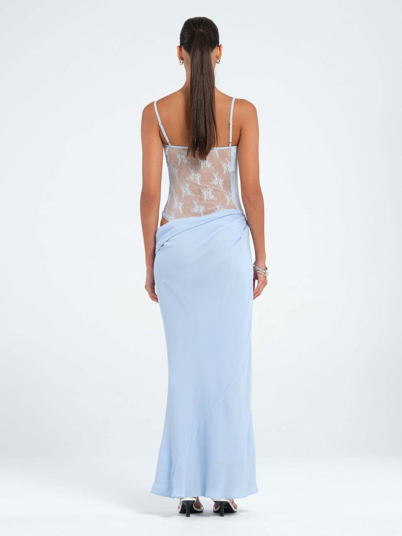 Mermaid Maxi Dress with Lace Bodice and Asymmetrical Draped Waist