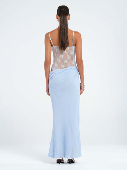 Mermaid Maxi Dress with Lace Bodice and Asymmetrical Draped Waist