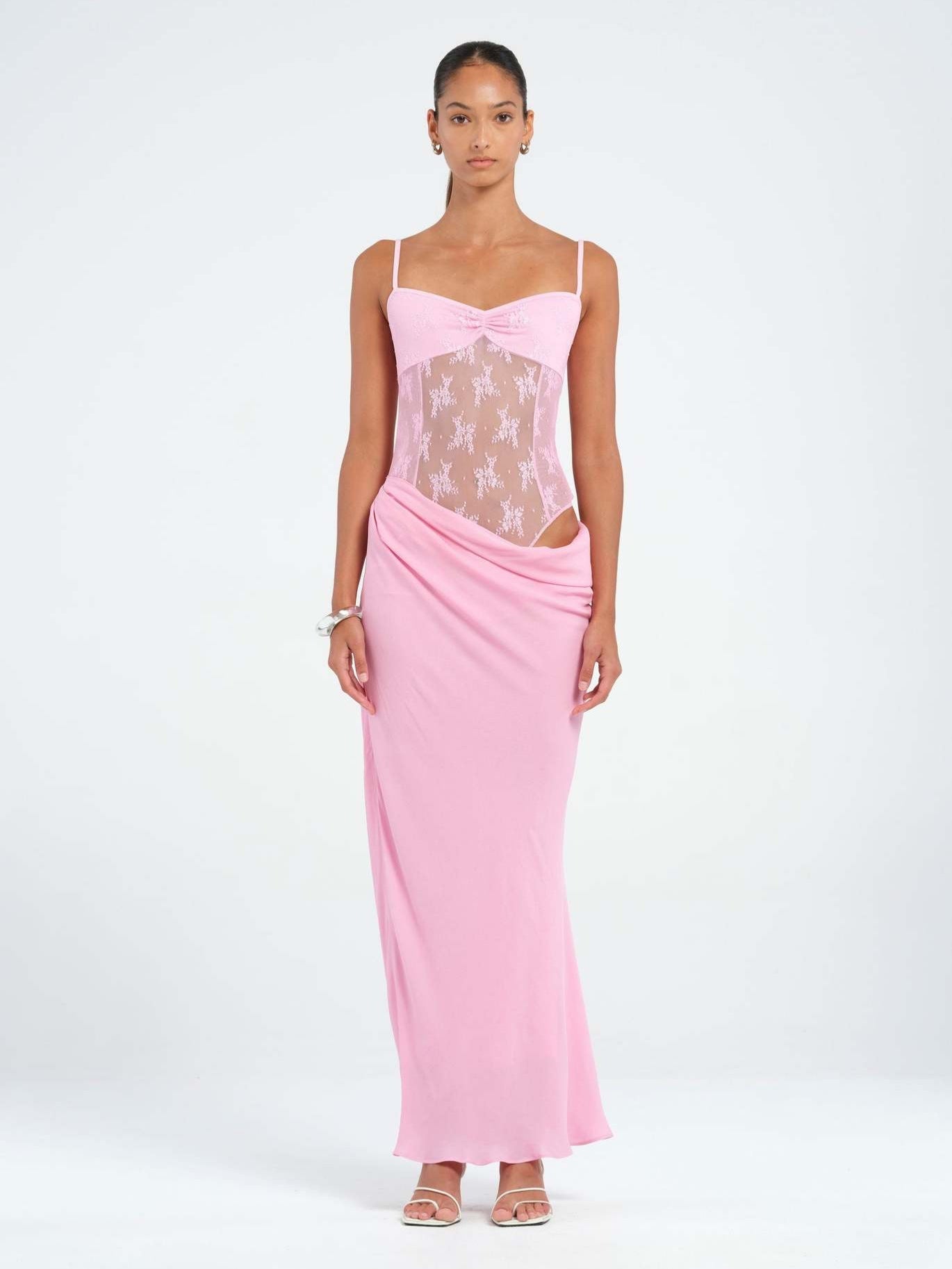 Mermaid Maxi Dress with Lace Bodice and Asymmetrical Draped Waist