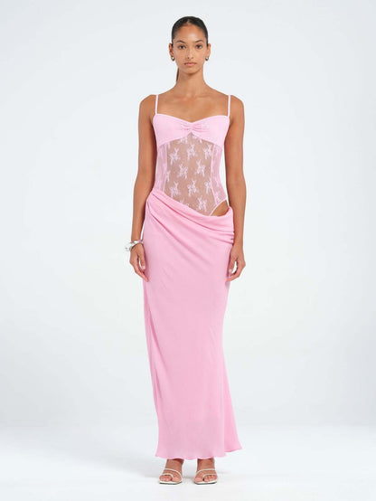 Mermaid Maxi Dress with Lace Bodice and Asymmetrical Draped Waist