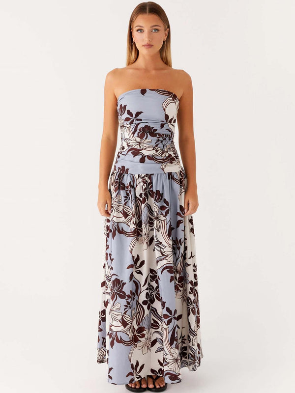 Floral Print Strapless A-Line Maxi Dress with Ruched Detail