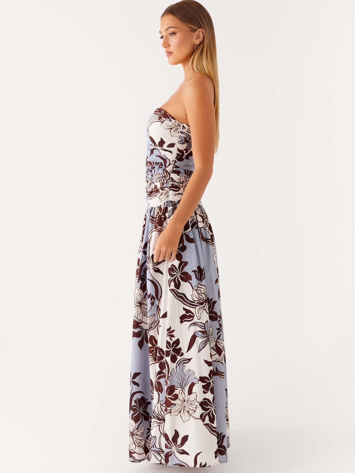 Floral Print Strapless A-Line Maxi Dress with Ruched Detail