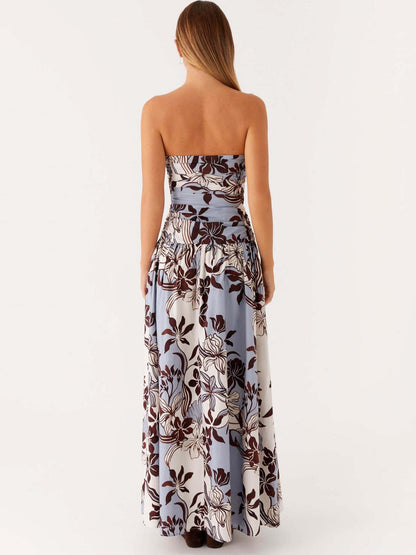 Floral Print Strapless A-Line Maxi Dress with Ruched Detail