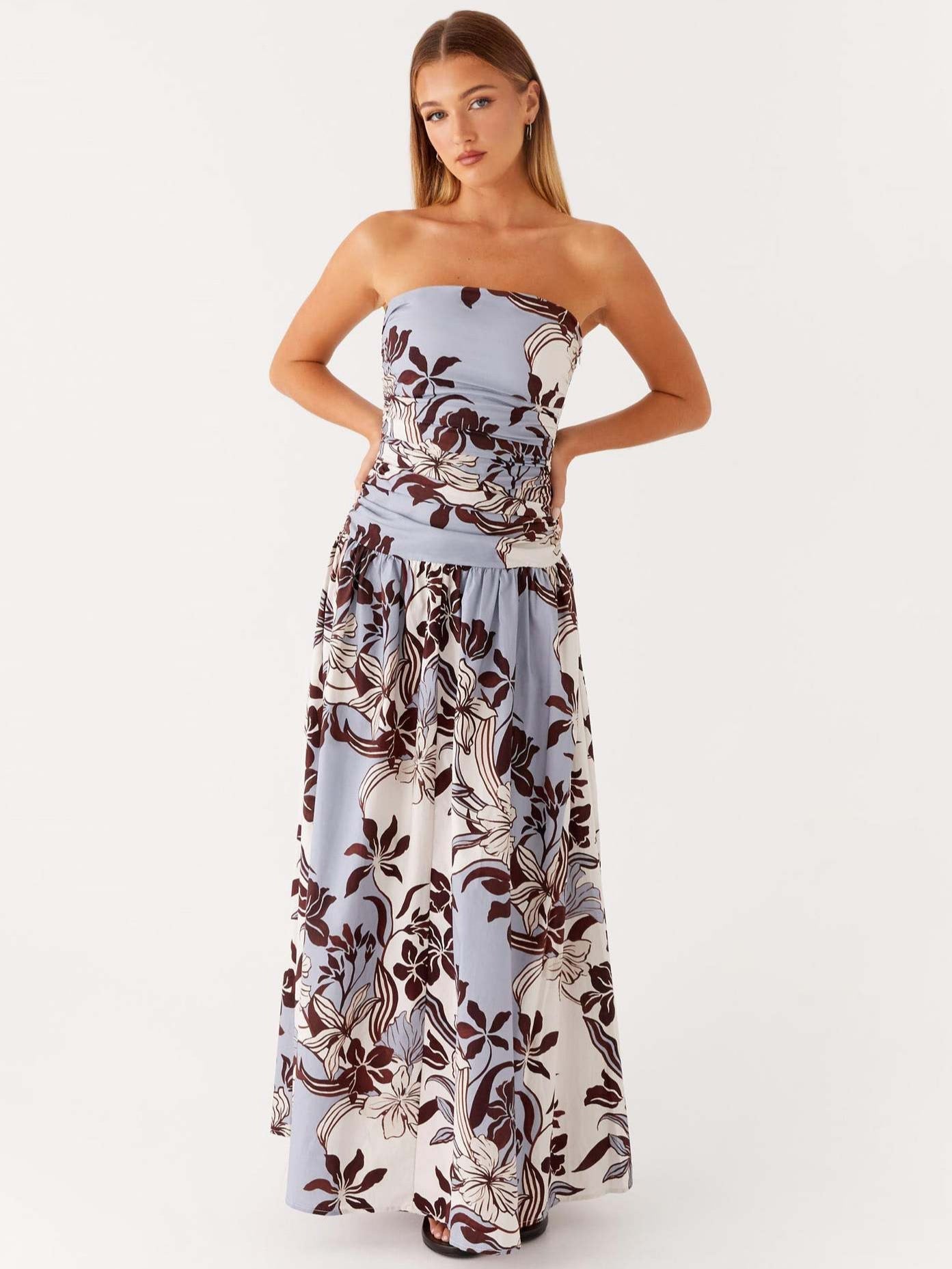Floral Print Strapless A-Line Maxi Dress with Ruched Detail