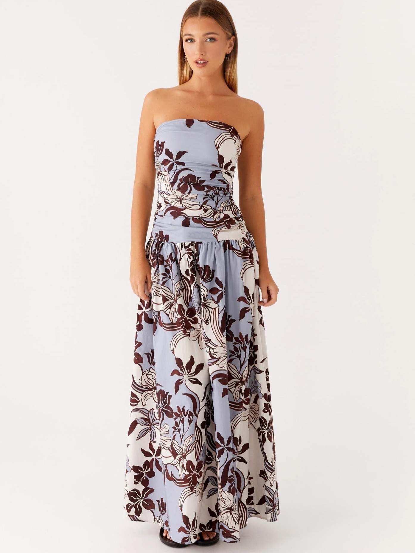 Floral Print Strapless A-Line Maxi Dress with Ruched Detail