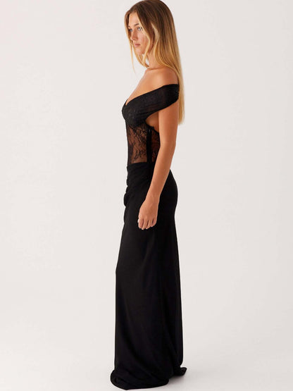 Off-the-Shoulder Sheath Maxi Dress with Lace Spliced Bodice