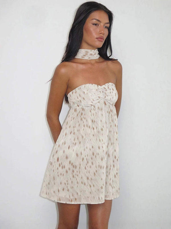 Leopard Print Strapless Mini Dress with Matching Scarf