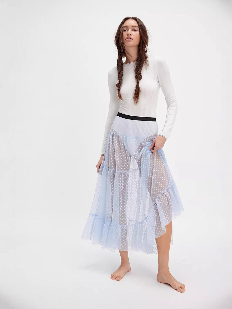 A-Line Tiered Mesh Midi Skirt with Heart Pattern