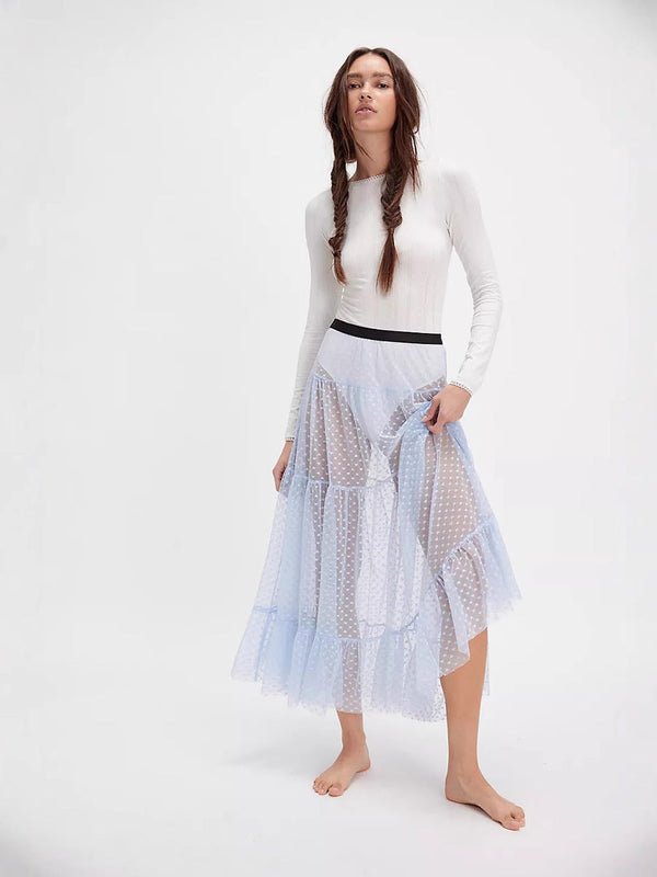 A-Line Tiered Mesh Midi Skirt with Heart Pattern