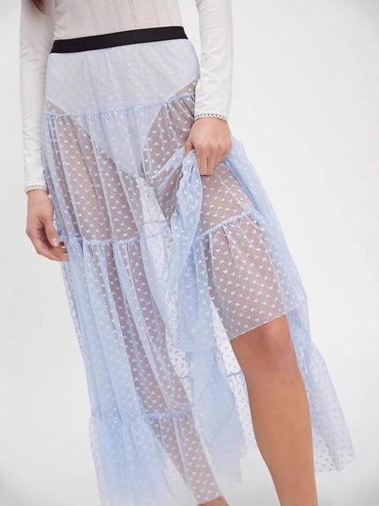 A-Line Tiered Mesh Midi Skirt with Heart Pattern
