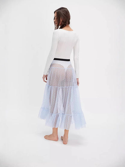 A-Line Tiered Mesh Midi Skirt with Heart Pattern
