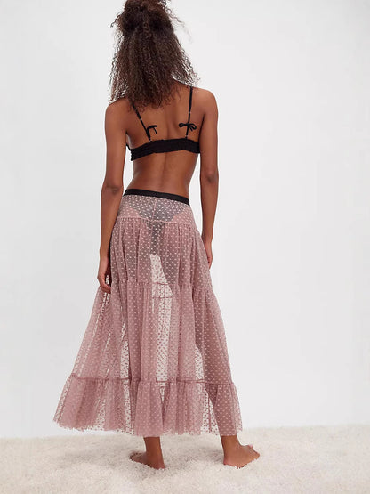 A-Line Tiered Mesh Midi Skirt with Heart Pattern