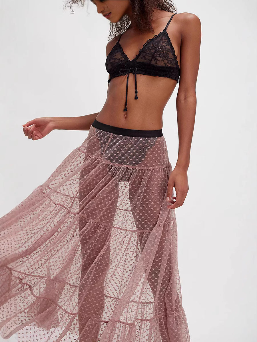 A-Line Tiered Mesh Midi Skirt with Heart Pattern