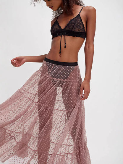 A-Line Tiered Mesh Midi Skirt with Heart Pattern