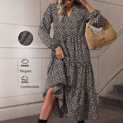 Tiered Leopard Print Maxi Dress with V-Neck and Long Sleeves
