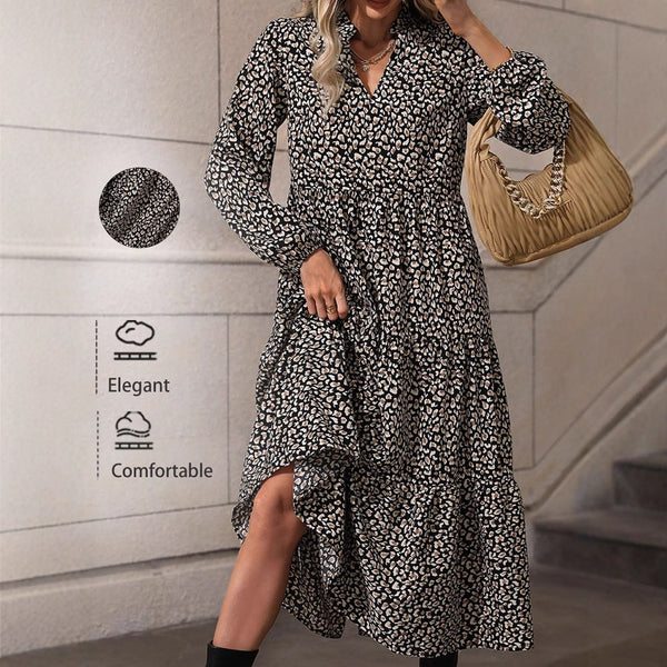 Tiered Leopard Print Maxi Dress with V-Neck and Long Sleeves