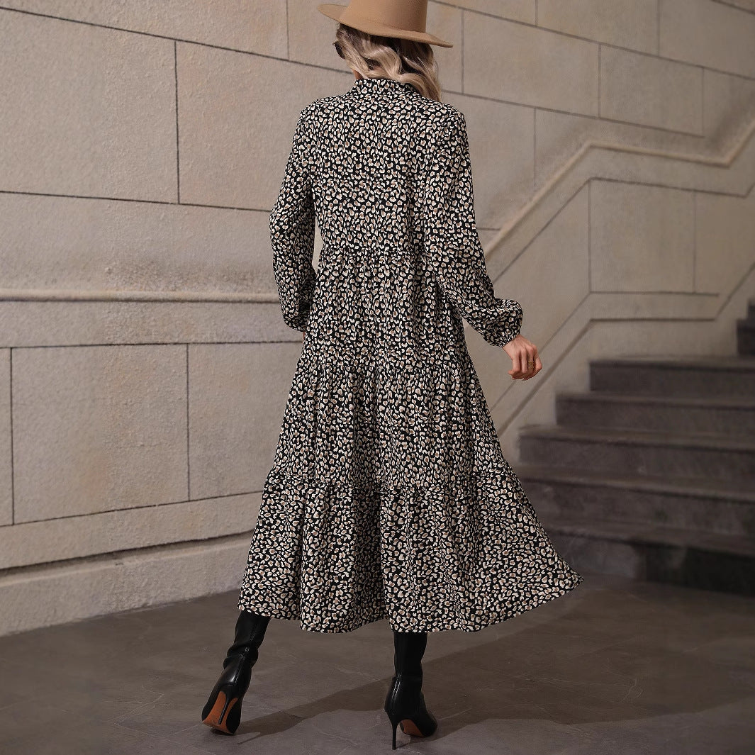 Tiered Leopard Print Maxi Dress with V-Neck and Long Sleeves
