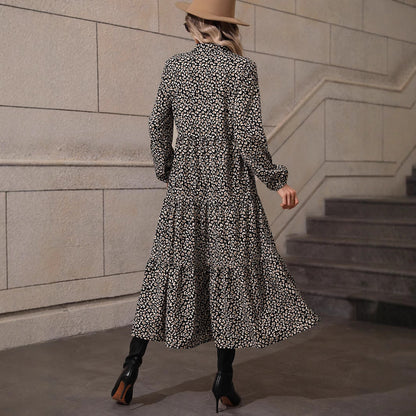 Tiered Leopard Print Maxi Dress with V-Neck and Long Sleeves