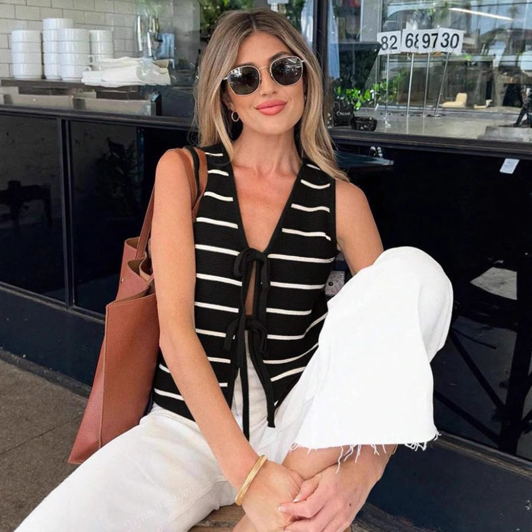 Striped Sleeveless Knit Vest with Front Tie Detail