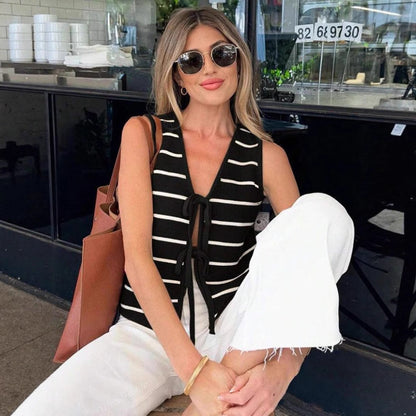 Striped Sleeveless Knit Vest with Front Tie Detail