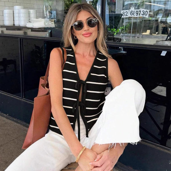 Striped Sleeveless Knit Vest with Front Tie Detail