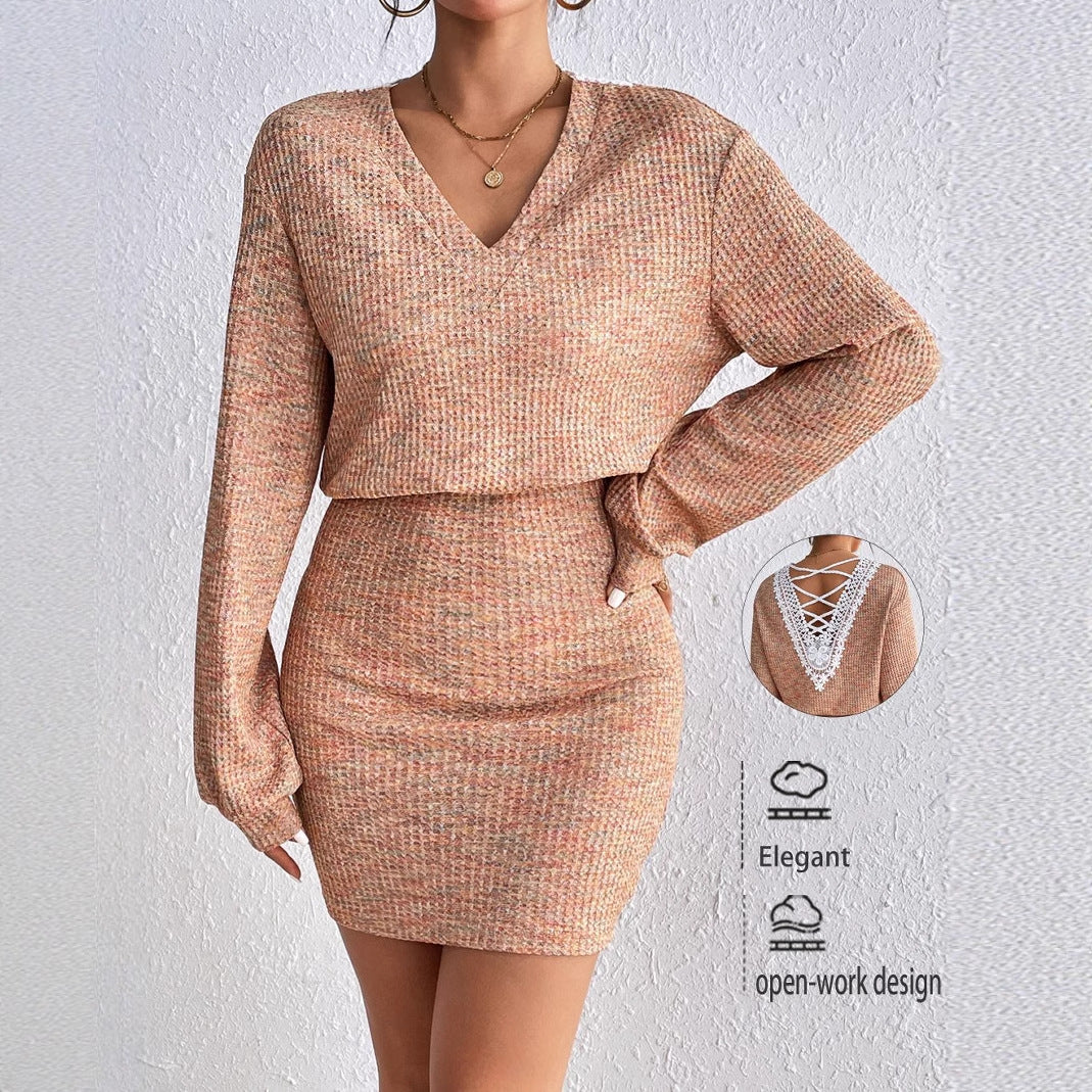 Marled Knit Bodycon Mini Dress with Lace-Up Back Detail