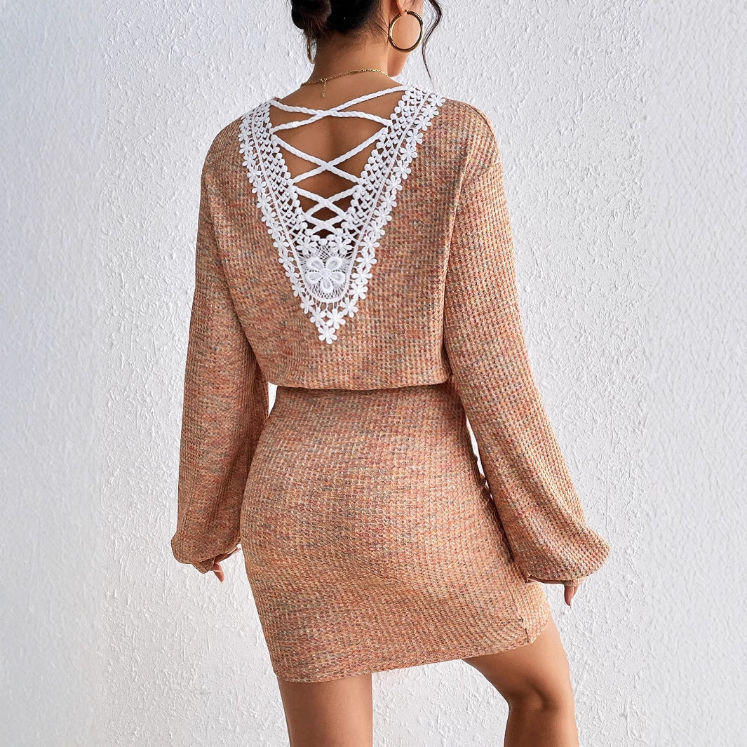 Marled Knit Bodycon Mini Dress with Lace-Up Back Detail