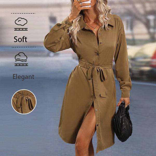 A-Line Mid-Length Shirt Dress with Polo Collar and Tie Waist