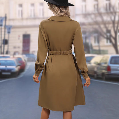 A-Line Mid-Length Shirt Dress with Polo Collar and Tie Waist