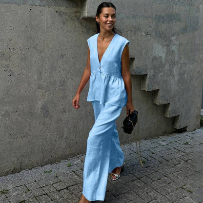 Sleeveless V-Neck Peplum Top and Wide-Leg Pants Set