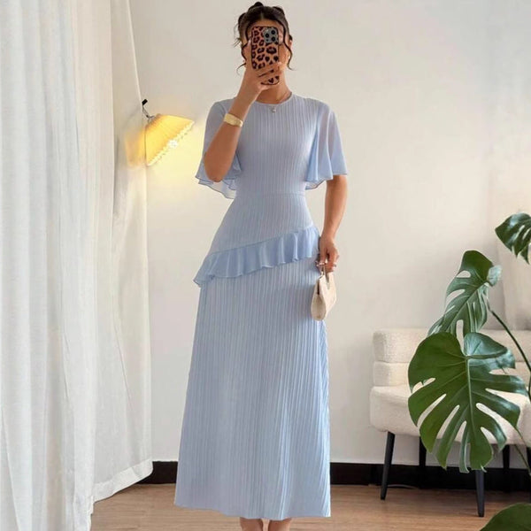 Pleated A-Line Maxi Dress with Flutter Sleeves and Ruffle Detail