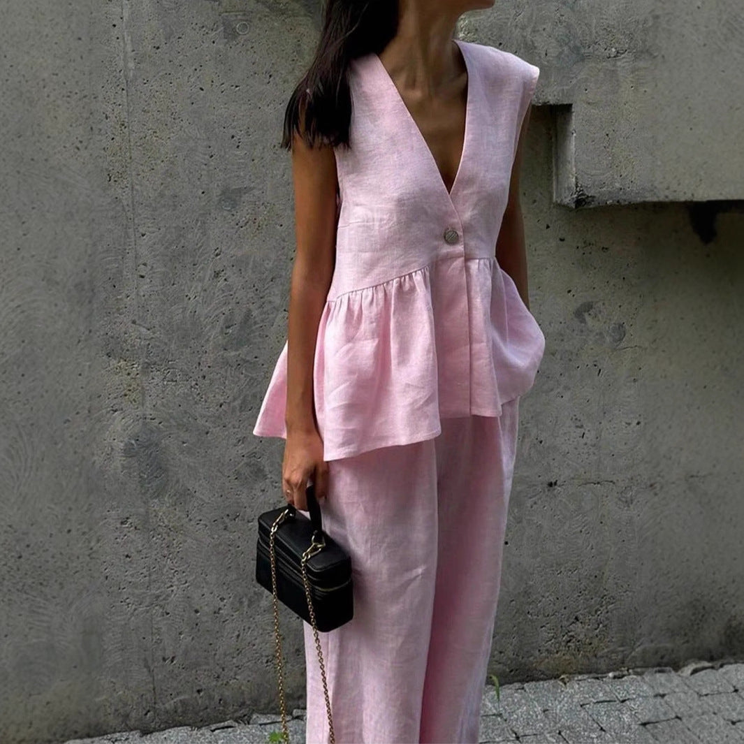 Sleeveless V-Neck Peplum Top and Wide-Leg Pants Set