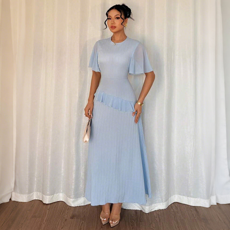 Pleated A-Line Maxi Dress with Flutter Sleeves and Ruffle Detail