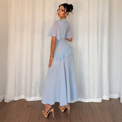 Pleated A-Line Maxi Dress with Flutter Sleeves and Ruffle Detail