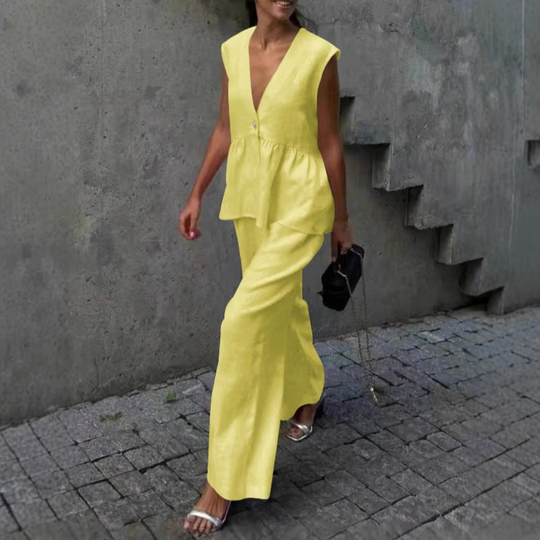 Sleeveless V-Neck Peplum Top and Wide-Leg Pants Set