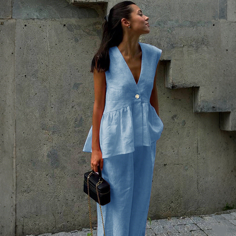 Sleeveless V-Neck Peplum Top and Wide-Leg Pants Set
