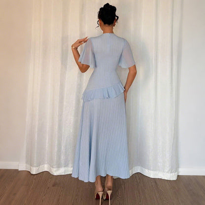 Pleated A-Line Maxi Dress with Flutter Sleeves and Ruffle Detail