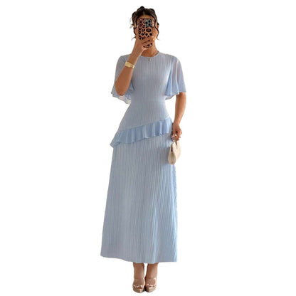 Pleated A-Line Maxi Dress with Flutter Sleeves and Ruffle Detail