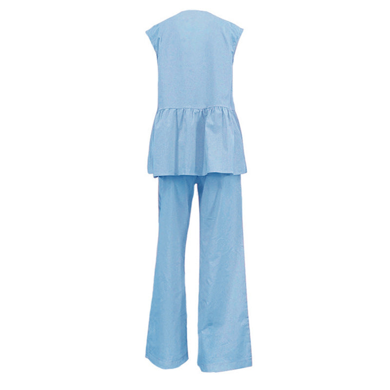 Sleeveless V-Neck Peplum Top and Wide-Leg Pants Set