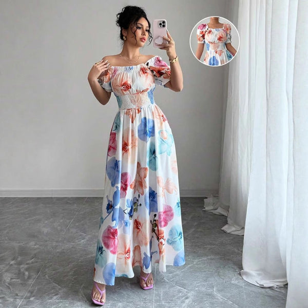 Floral Print A-Line Maxi Dress with Puff Sleeves and Smocked Waist
