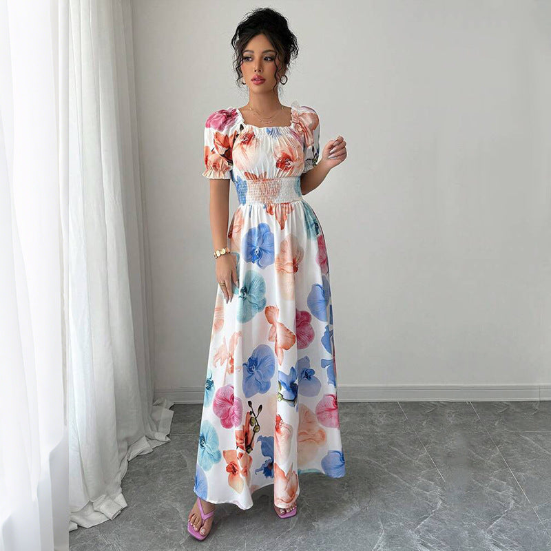 Floral Print A-Line Maxi Dress with Puff Sleeves and Smocked Waist