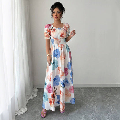 Floral Print A-Line Maxi Dress with Puff Sleeves and Smocked Waist