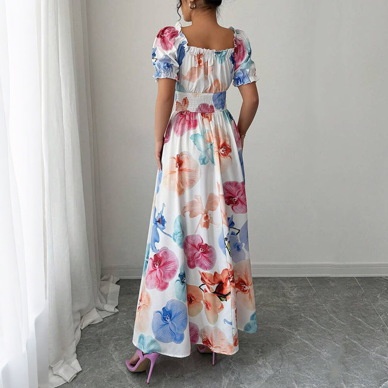 Floral Print A-Line Maxi Dress with Puff Sleeves and Smocked Waist