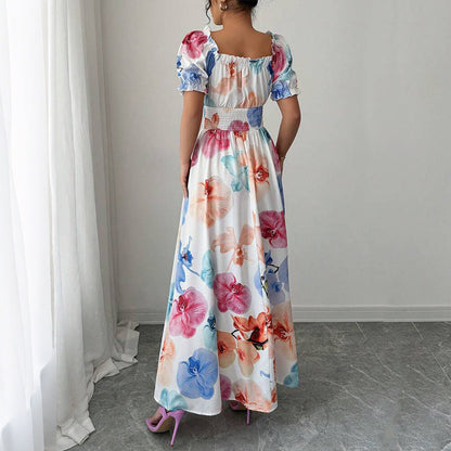 Floral Print A-Line Maxi Dress with Puff Sleeves and Smocked Waist