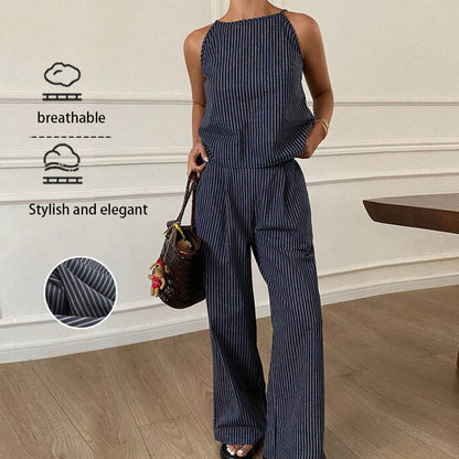 Striped Two-Piece Set with Sleeveless Top and Wide-Leg Pants