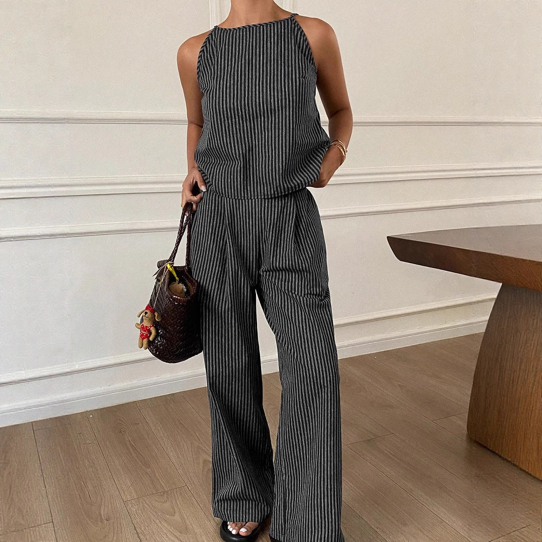 Striped Two-Piece Set with Sleeveless Top and Wide-Leg Pants