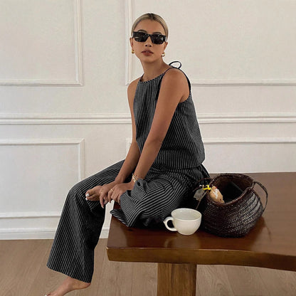 Striped Two-Piece Set with Sleeveless Top and Wide-Leg Pants